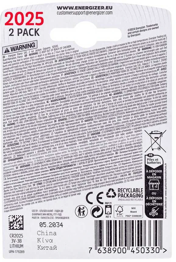 ENERGIZER BATTERY SPECIALIZED CR2025/2, 3V, ECO
