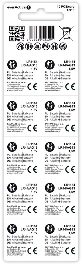 LR1154, LR44, AG13 Baterija 1.5V everActive - 10 vnt