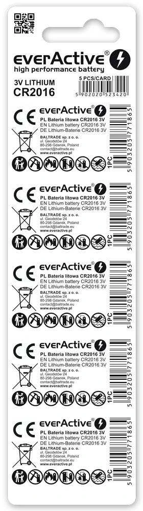 EverActive CR2016 3V ličio monetinės baterijos laikrodžiams 5 vnt.