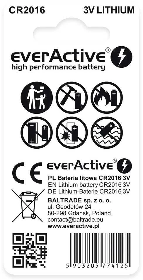 Ličio baterijos mini „everActive CR2016“ lizdinėje pakuotėje, 2 vnt.