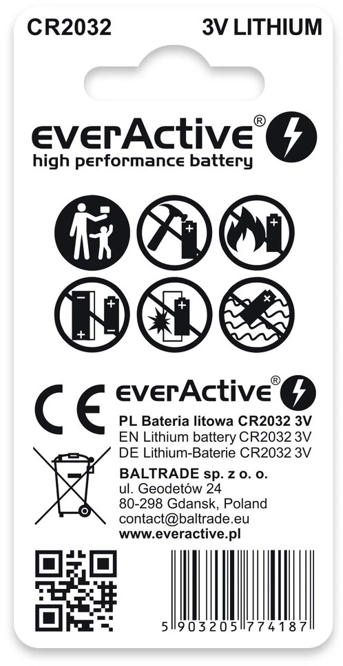 Baterija - EverActive CR2032 2 Vnt. Ličio Baterijos 3 V 220 mAh 20 mm x 3,2 mm
