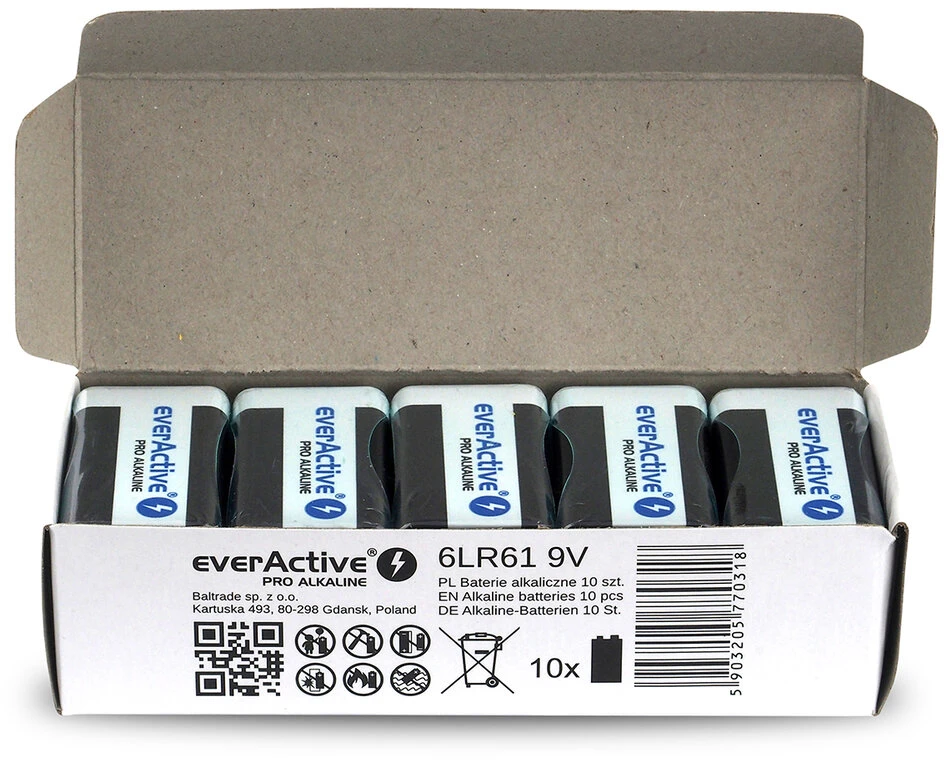Baterija- everActive Pro Alkaline 6LR61 650 mAh Baterijos, 10 vnt.