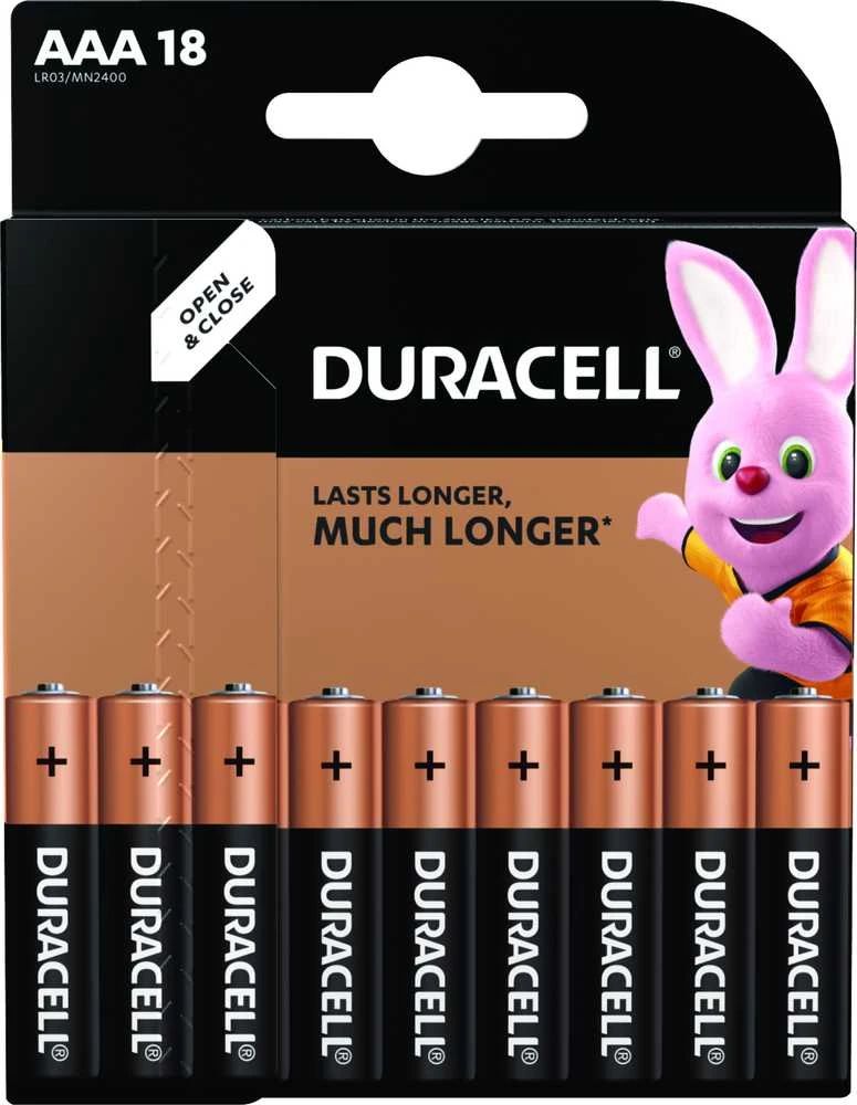 Baterijos – Duracell AAA Basic LR03 1,5 V šarminės baterijos, 18 vnt.