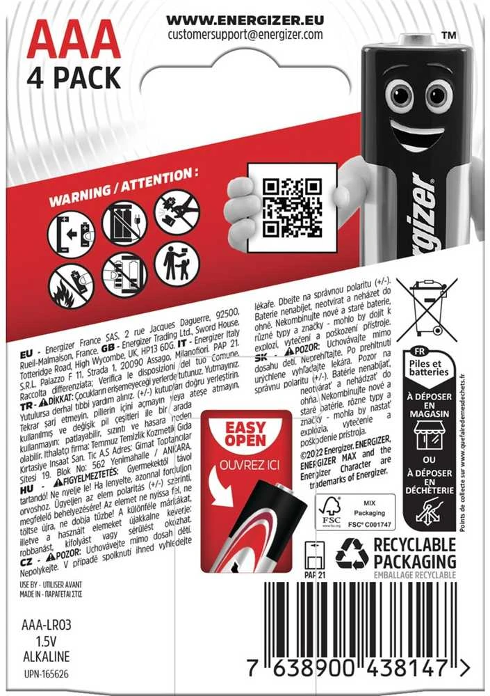 Baterijos - Energizer Max AAA LR03, 4 Vnt.