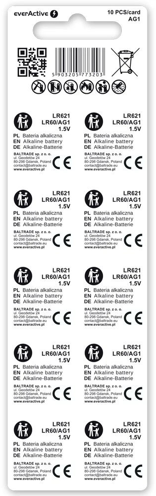 Baterijos – everActive G1 Šarminės LR621 1,5 V Mygtukinės Baterijos, 10 vnt.