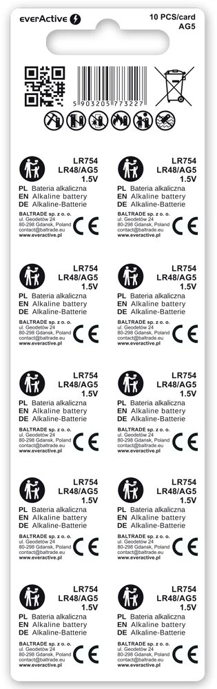 Baterijos - EverActive G5 Šarminės LR754/LR48 1,5 V Mygtukinės, 10 vnt.