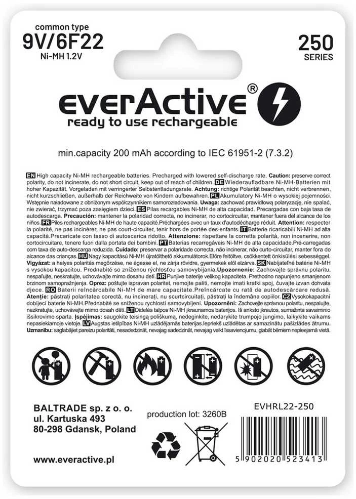 everActive Sidabrinis linija paruošta naudojimui 9V 250mAh akumuliatorius, 1 vnt.