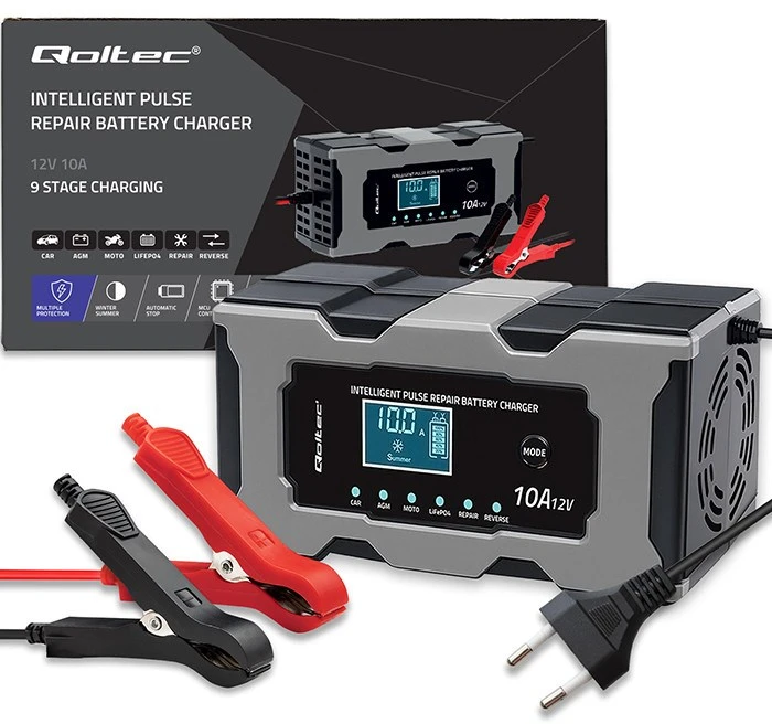 Qoltec Inteligentna mikroprocesorinis kroviklis 12V 10A | Prostownik su funkcija naprawy do akumulatora AGM GEL LiFePO4