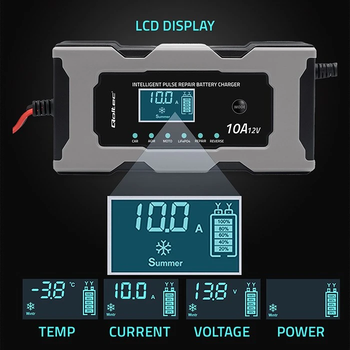 Qoltec Inteligentna mikroprocesorinis kroviklis 12V 10A | Prostownik su funkcija naprawy do akumulatora AGM GEL LiFePO4