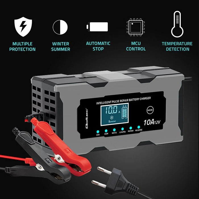 Qoltec Inteligentna mikroprocesorinis kroviklis 12V 10A | Prostownik su funkcija naprawy do akumulatora AGM GEL LiFePO4