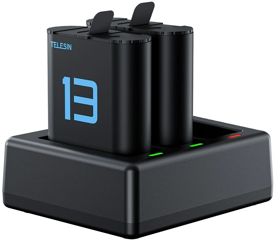 null Baterijų Įkroviklis - Telesin S0-ECB-07-TGP 3-Kanalo USB-C įkroviklis su 2x 1900mAh baterijomis
