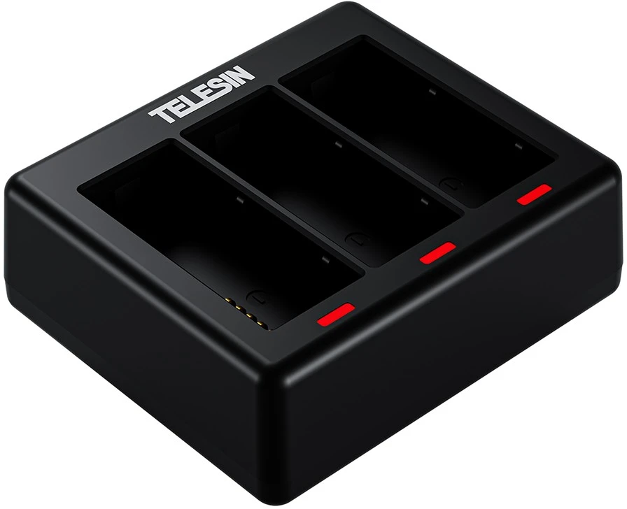 null Baterijų Įkroviklis - Telesin S0-ECB-07-TGP 3-Kanalo USB-C įkroviklis su 2x 1900mAh baterijomis