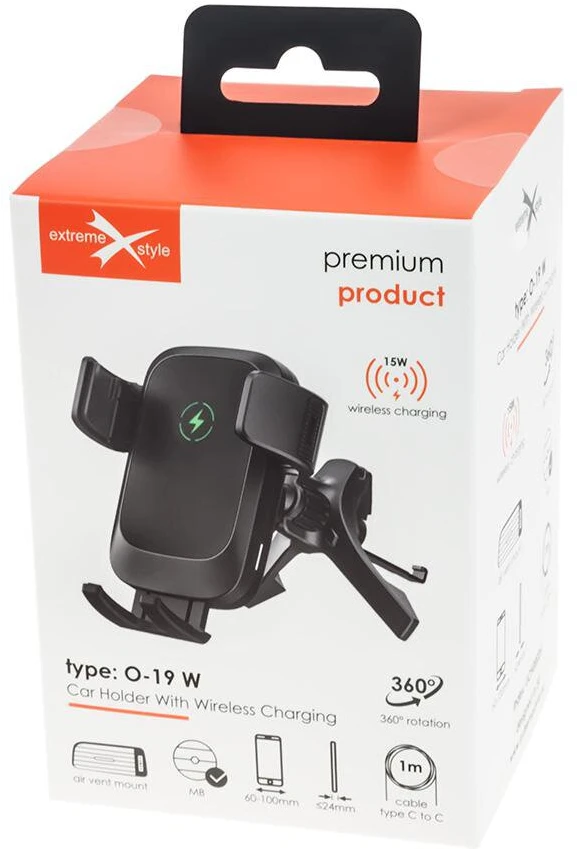 Belaidis automobilinis telefono įkroviklis ir laikiklis - EXTREME O-19W Qi 15 W Juodas