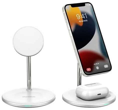 Belaidis įkroviklis CHOETECH, 15W, 2in1, magnetinis, baltas su stovu