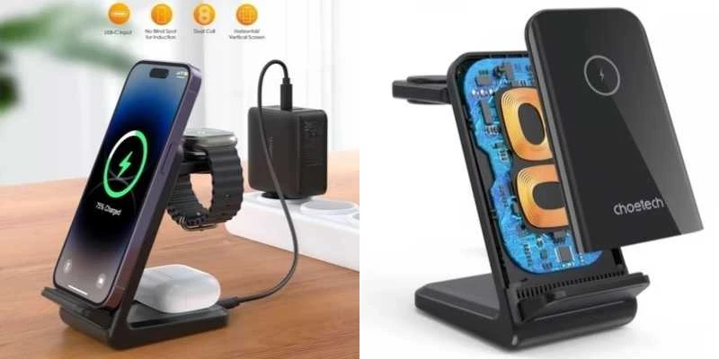 Belaidis įkroviklis CHOETECH, 15W, 3in1, juodas su stovu