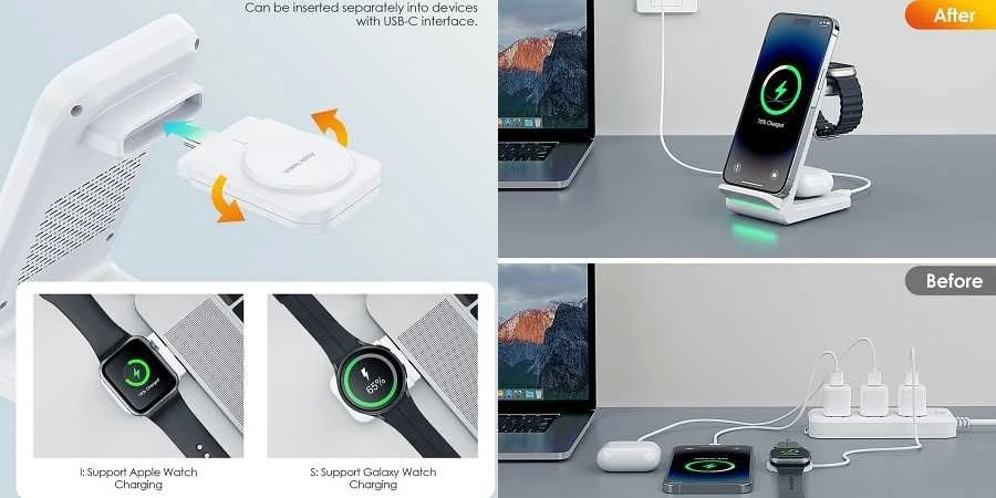 Belaidis įkroviklis CHOETECH, 15W, 3in1, baltas su stovu