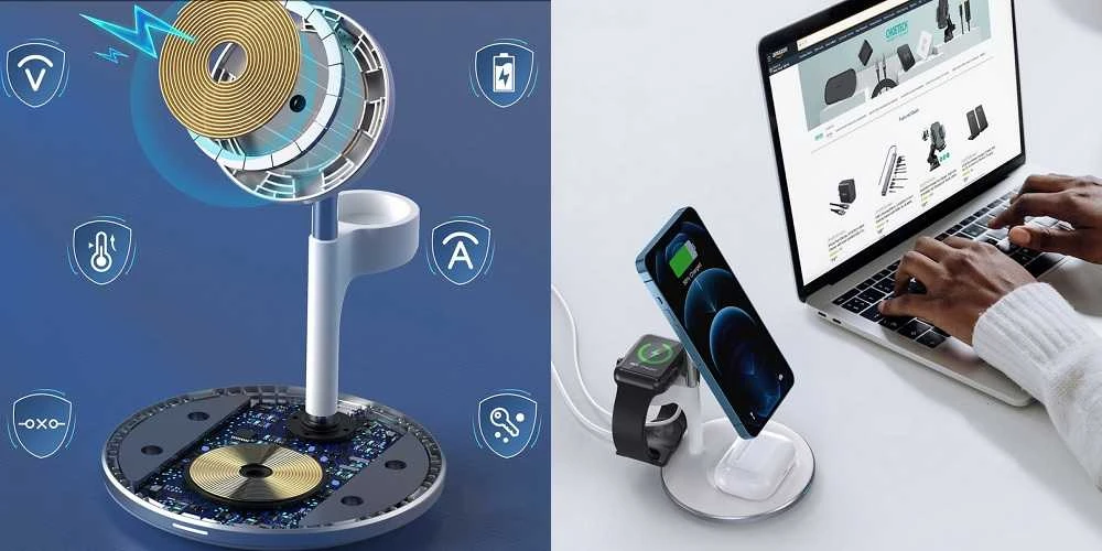 Belaidis įkroviklis CHOETECH, 15W, 3in1, magnetinis, baltas su stovu