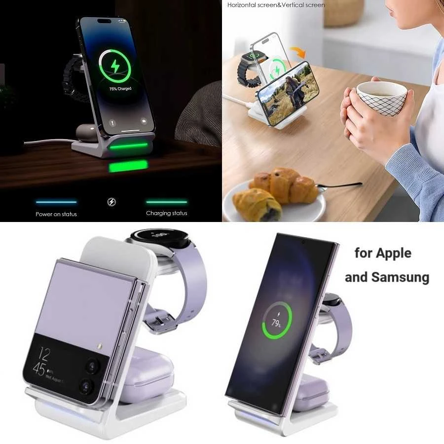 Belaidis įkroviklis CHOETECH, 15W, 3in1, baltas su stovu