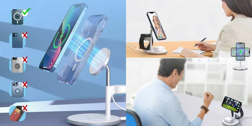 Belaidis įkroviklis CHOETECH, 15W, 3in1, magnetinis, baltas su stovu