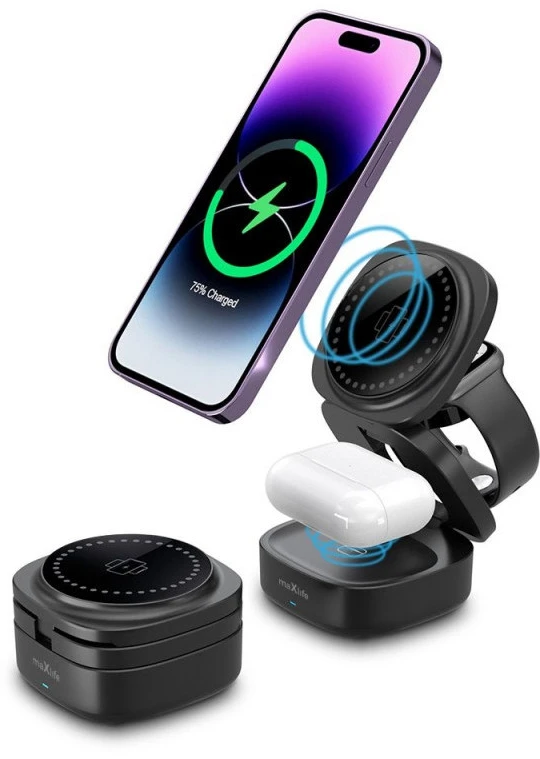 Maxlife MXWC-06 magnetinis belaidis įkroviklis 15W juodos spalvos 3in1