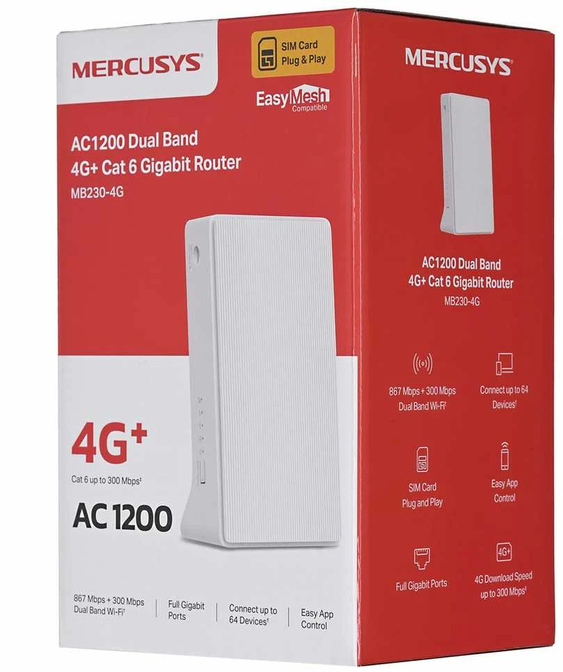 Mercusys | Wireless Dual Band Gigabit Maršrutizatorius | MB230-4G | 300 Mbit/s | 10/100/1000 Mbit/s | Ethernet LAN (RJ-45) jungtys 2 | 4G + | Antenna type Internal | 36 mėn.