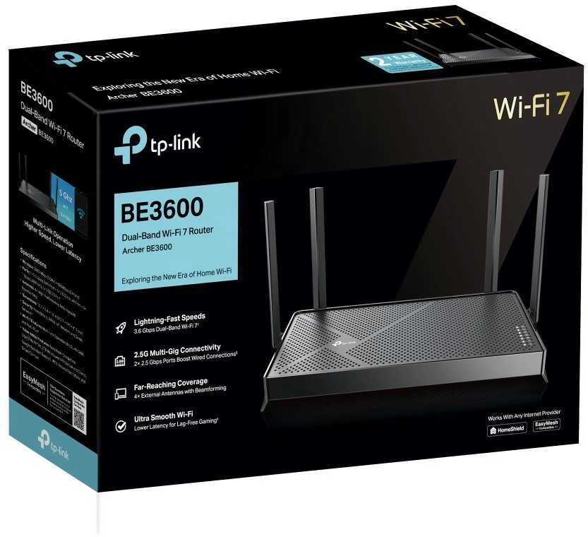 TP-LINK | Dviejų dažnių „Wi-Fi 7“ maršrutizatorius | Archer BE3600 | 802.11be | 2882 Mb/s | Tinklo ryšio palaikymas: Ne | MU-MiMO: Taip | Ne, mobilusis plačiajuostis ryšys: Ne