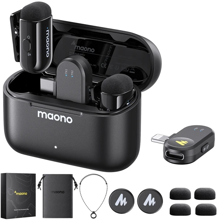 maono Wave T1 Mini (USB-C & Lightning + Charge Case) Juodas (Juodi) Belaidžiai Mikrofonai