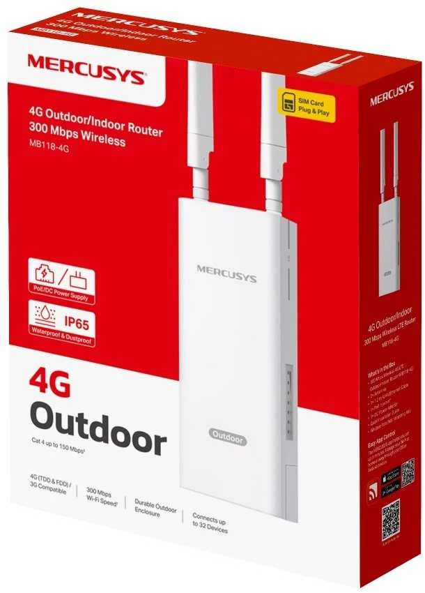 Mercusys | MB118-4G | 300 Mbps belaidis 4G LTE lauko/vidaus Maršrutizatorius | 802.11b | Ethernet LAN (RJ-45) jungtys 1 | Tinklo palaikymas: Ne | 4G | MU-MiMO: Ne | Antenos tipas: Vidinė