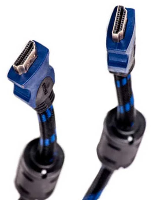 HDMI laidas su mėlynomis jungtimis ir ferito filtrais