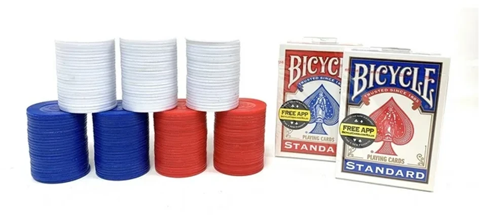 Bicycle Besisukantis Pokerio Žetonų (Poker Chip Rack) Stovas Su Rankena, 200x Žetonų, 2 Kortų Kaladėlės