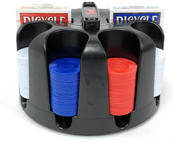 Bicycle Besisukantis Pokerio Žetonų (Poker Chip Rack) Stovas Su Rankena, 200x Žetonų, 2 Kortų Kaladėlės