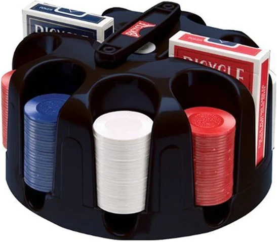 Bicycle Besisukantis Pokerio Žetonų (Poker Chip Rack) Stovas Su Rankena, 200x Žetonų, 2 Kortų Kaladėlės