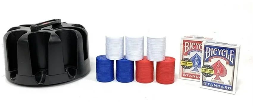 Bicycle Besisukantis Pokerio Žetonų (Poker Chip Rack) Stovas Su Rankena, 200x Žetonų, 2 Kortų Kaladėlės
