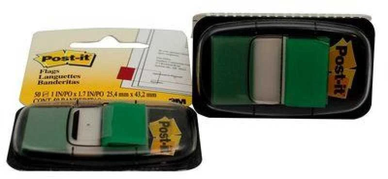 Plastikiniai žymekliai Post-it, 25x43mm, 50vnt., žalios spalvos