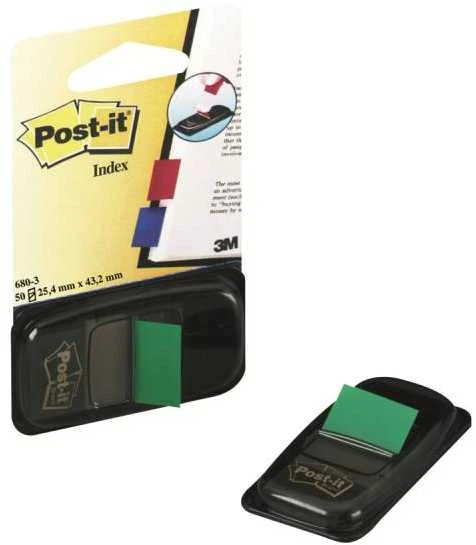 Plastikiniai žymekliai Post-it, 25x43mm, 50vnt., žalios spalvos
