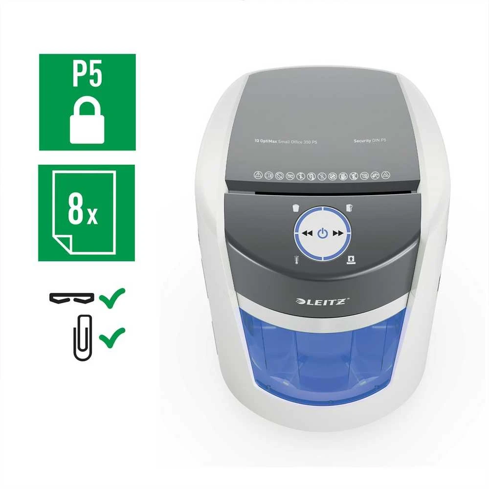 Leitz IQ OptiMax Small Office 350 Micro Cut popieriaus smulkintuvas Security P5 22L - Baltas