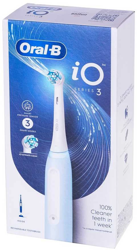 Oral-B | Elektrinis dantų šepetėlis | iO3 Series | Įkraunamas | Suaugusiems | Šepetėlių skaičius galvutės įeina 1 | Number of teeth brushing modes 3 | Ice Mėlyna