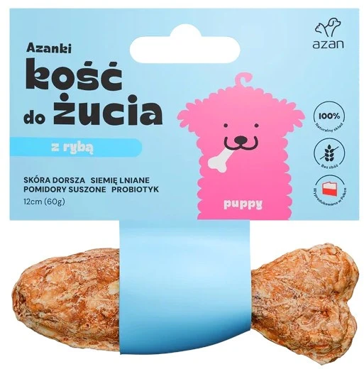 AZANKI Menkės kaulas su probiotikais šuniukams žuvies formos – Šunų skanėstas – 12 cm