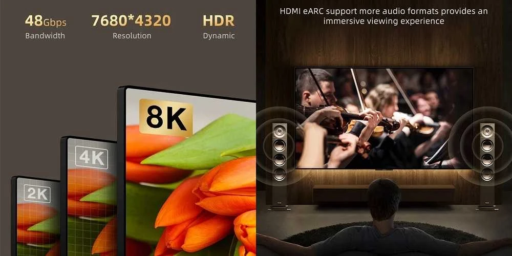 HDMI 8K kabelio techninės specifikacijos ir eARC galimybės