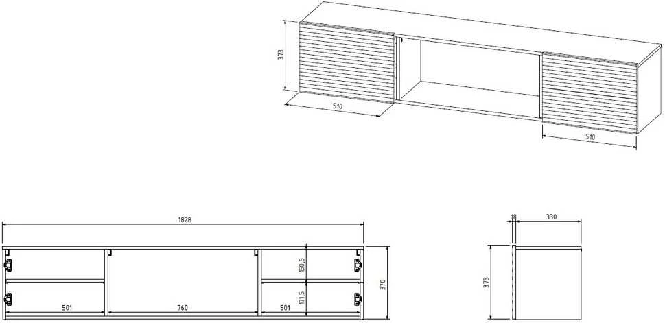 Laikiklis Cama Meble Televizoriaus spintelė - Cama Tula 183x35x37 Juoda Matinė + Juodas Židinys