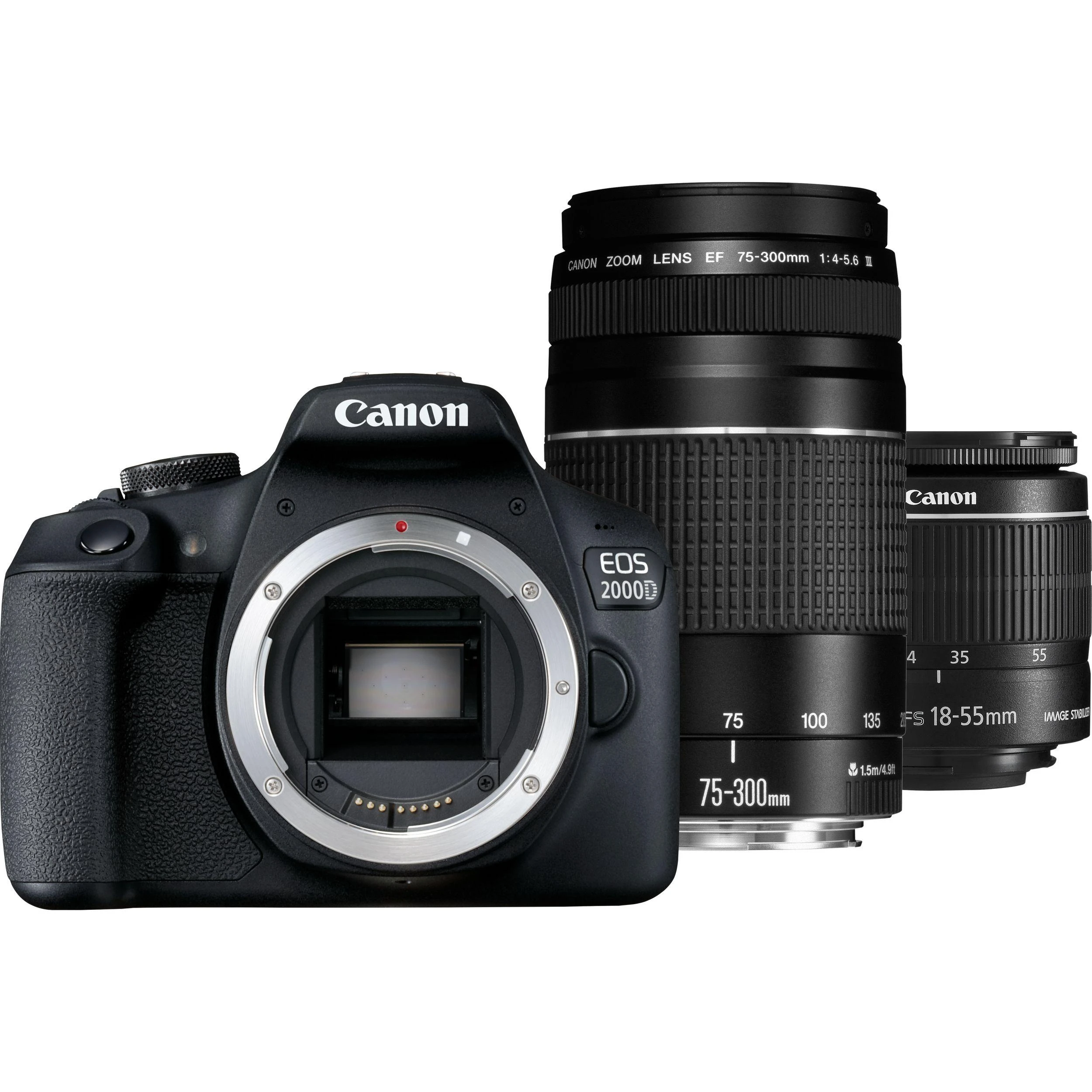 Canon EOS 2000D + EF-S 18-55mm f/3.5-5.6 IS II + EF 75-300mm f/4-5.6 III SLR fotoaparato komplektas 24,1 MP CMOS 6000 x 4000 pikseliai Juoda