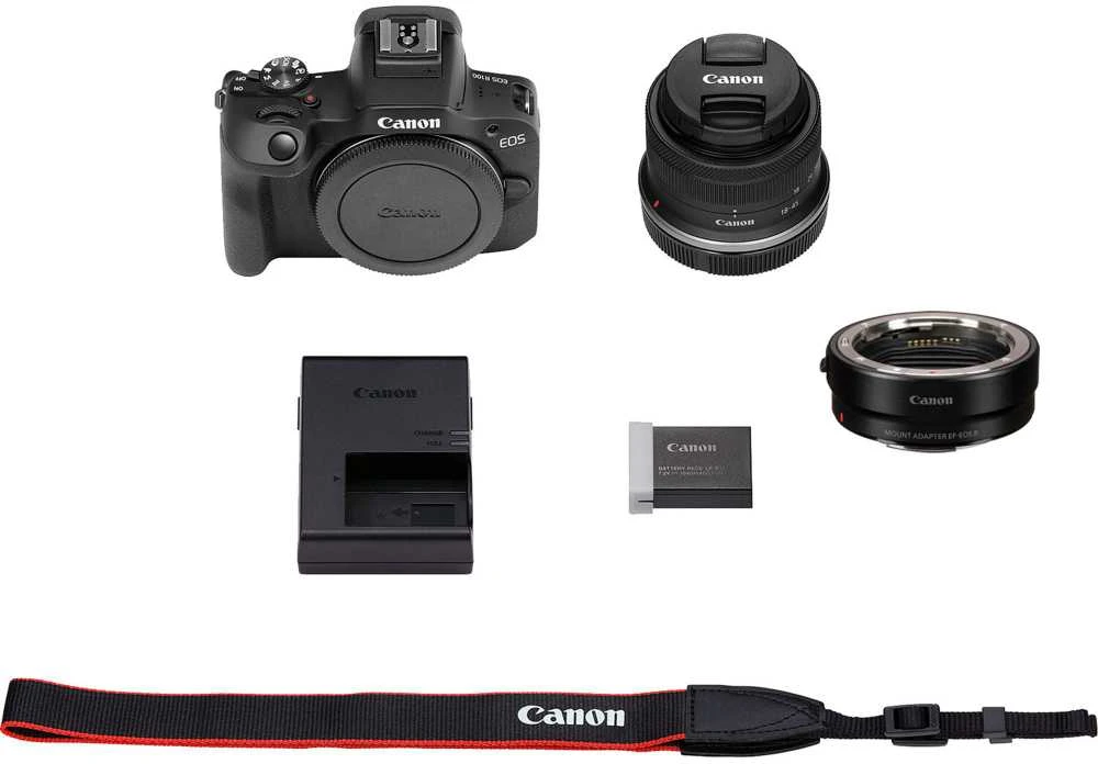 Canon EOS R100 + RF-S 18-45mm F4.5-6.3 IS STM + Mount Adapteris EF-EOS R