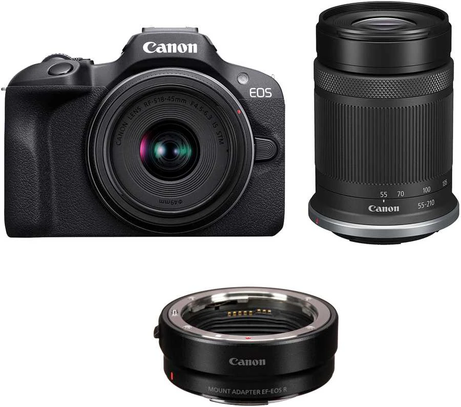 Canon EOS R100 + RF-S 18-45mm + RF-S 55-210mm + Mount Adapteris EF-EOS R