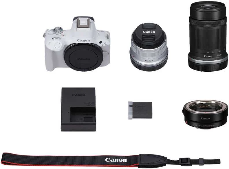 Canon EOS R50 + RF-S 18-45mm IS STM (Baltas) + RF-S 55-210mm IS STM + Mount Adapteris EF-EOS R