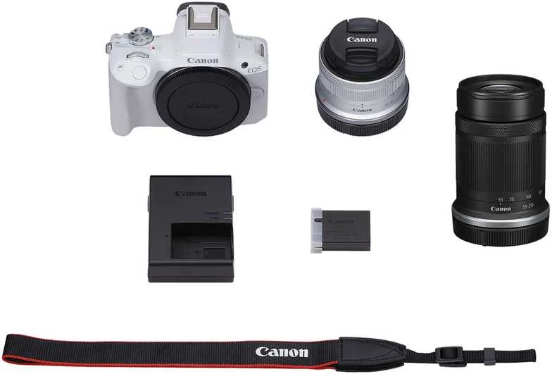 Canon EOS R50 + RF-S 18-45mm IS STM (Baltas) + RF-S 55-210mm IS STM