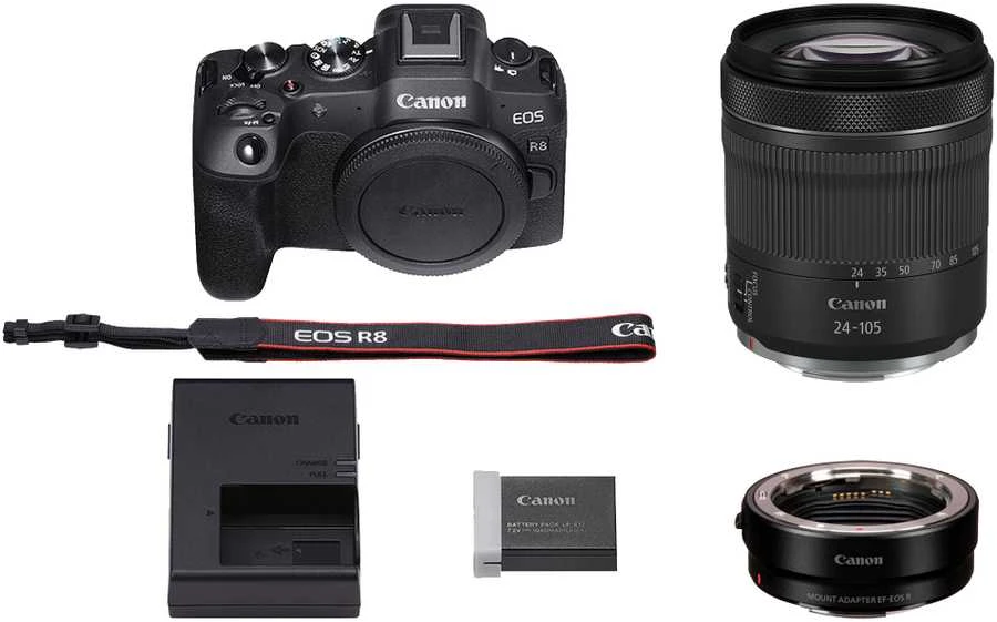 Canon EOS R8 + RF 24-105mm f/4-7.1 IS STM + Mount Adapteris EF-EOS R