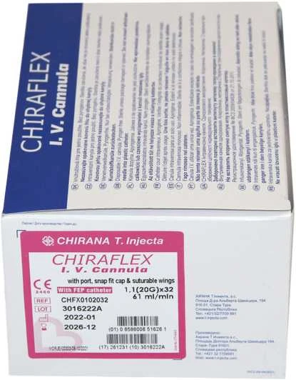 Chirana T Injecta CHIRANA® CHIRAFLEX® IV Cannulas with FEP catheter, port, snap fit cap & suturable wings (20G 1,1mm 32mm, pink, 61ml/min) - 50pcs/1box