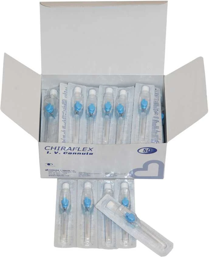 Chirana T Injecta CHIRANA® CHIRAFLEX® IV Cannulas with FEP catheter port, snap fit cap & suturable wings (22G 0,9mm 25mm, mėlynas, 36ml/min) - 50pcs/1box