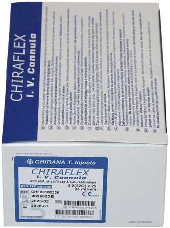 Chirana T Injecta CHIRANA® CHIRAFLEX® IV Cannulas with FEP catheter port, snap fit cap & suturable wings (22G 0,9mm 25mm, mėlynas, 36ml/min) - 50pcs/1box