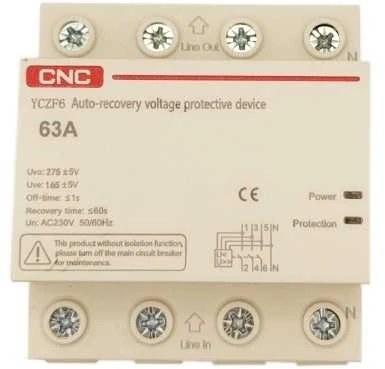 CNC Įtampos apsaugos relė, 3P+N, 63A, 230V, su atsistatymo funkcija